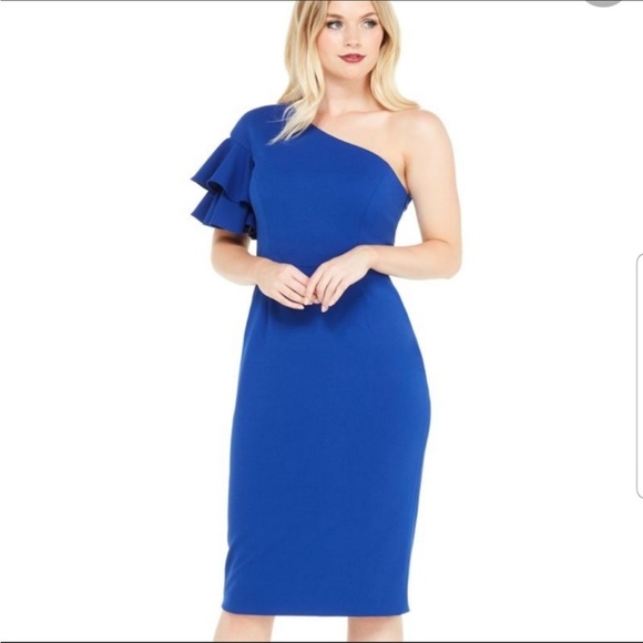 NEW Maggy London Royal Blue One Shoulder MIDI Dress Size 8 - Picture 2 of 2